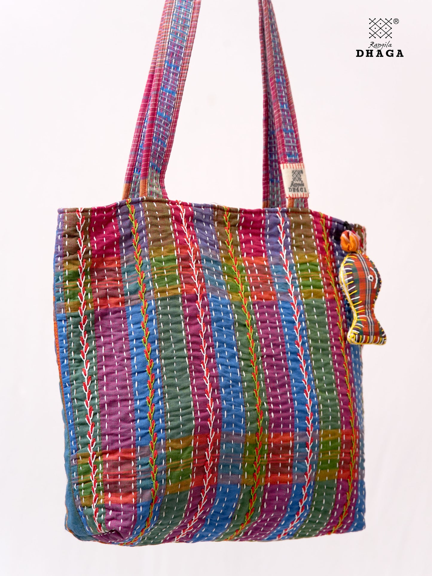 Hand-Embroidered Cotton Gamcha Tote Bag | Multicolor Artisan Shoulder Tote with Zip Closure & Multiple Pockets  107