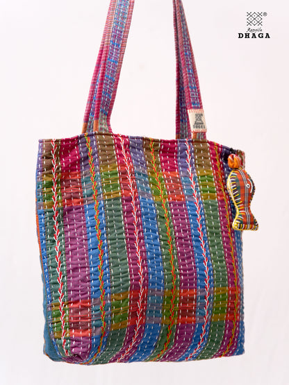Hand-Embroidered Cotton Gamcha Tote Bag | Multicolor Artisan Shoulder Tote with Zip Closure & Multiple Pockets  107