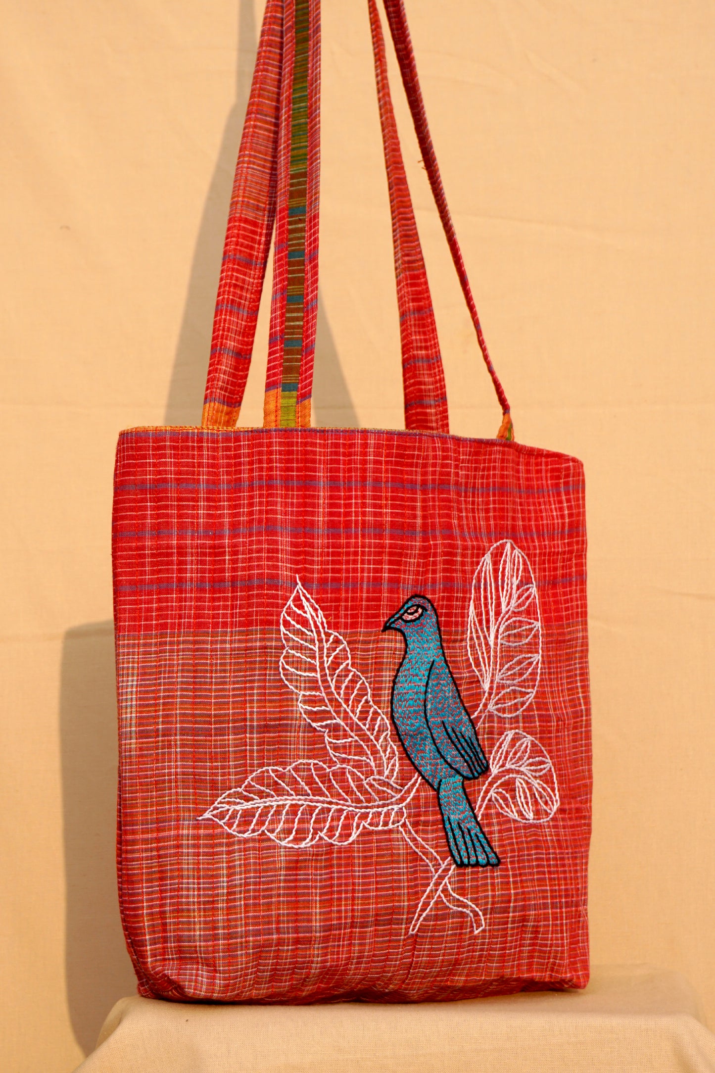 Red Handwoven Gamcha Tote Bag with Bird Embroidery Handmade Cotton Shoulder Bag – Rangila Dhaga   Bag28