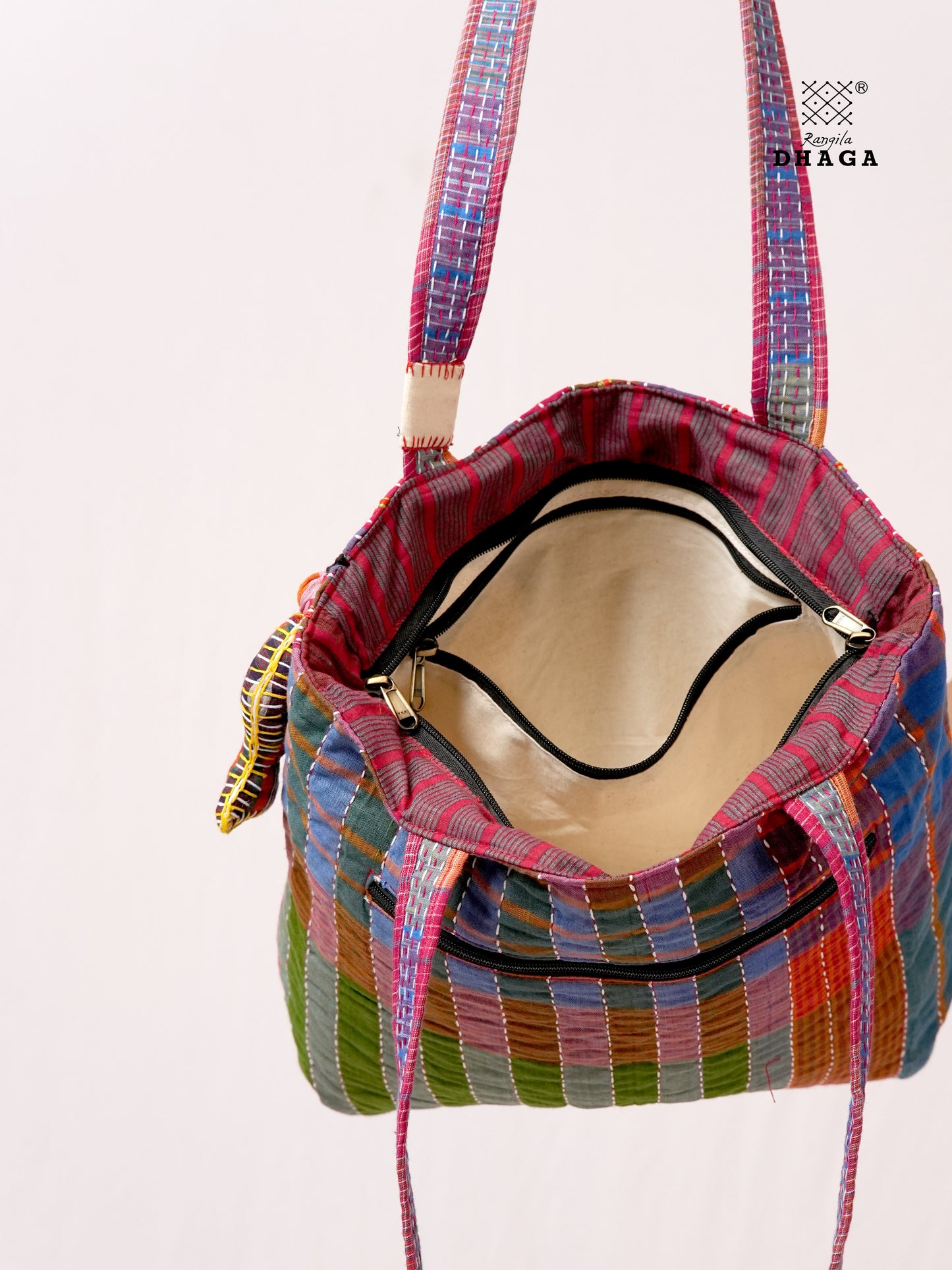 Hand-Embroidered Cotton Gamcha Tote Bag | Multicolor Artisan Shoulder Tote with Zip Closure & Multiple Pockets  106