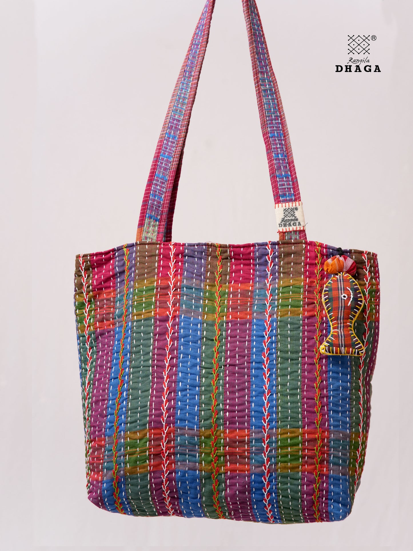 Hand-Embroidered Cotton Gamcha Tote Bag | Multicolor Artisan Shoulder Tote with Zip Closure & Multiple Pockets  107