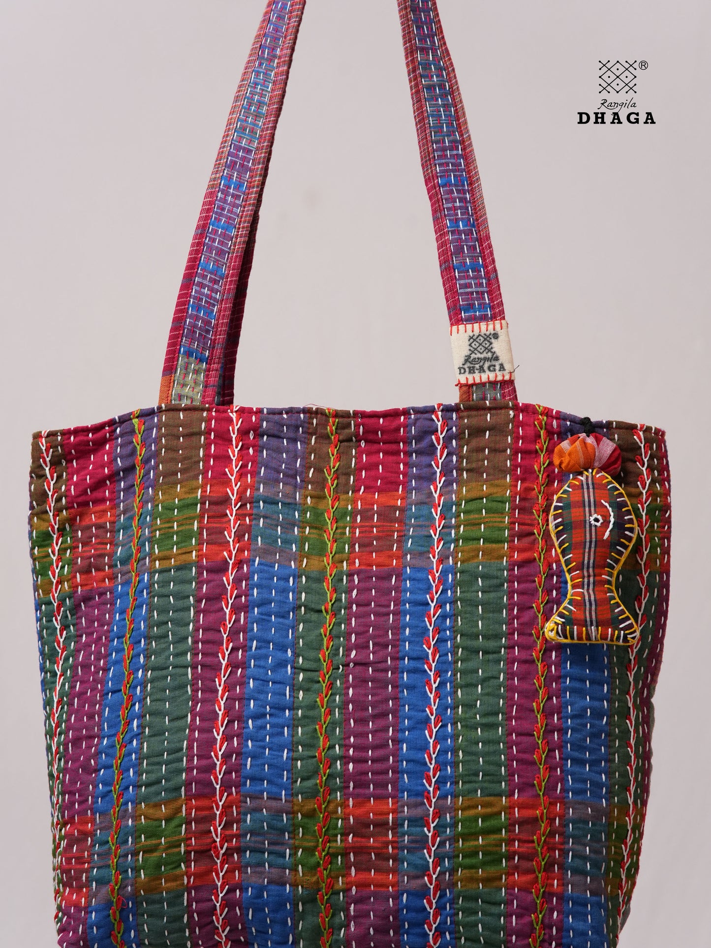 Hand-Embroidered Cotton Gamcha Tote Bag | Multicolor Artisan Shoulder Tote with Zip Closure & Multiple Pockets  107