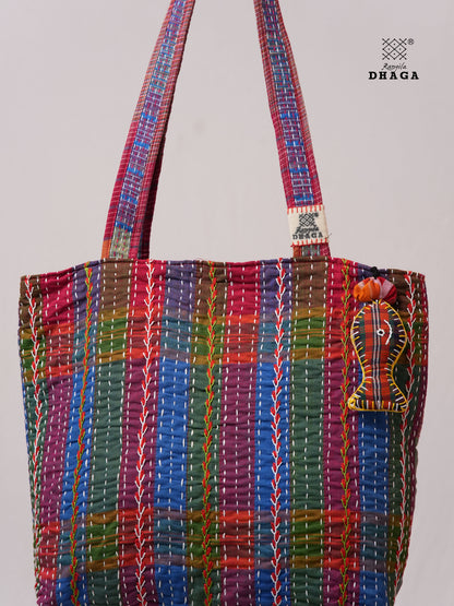 Hand-Embroidered Cotton Gamcha Tote Bag | Multicolor Artisan Shoulder Tote with Zip Closure & Multiple Pockets  107