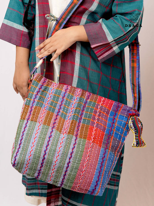 Hand-Embroidered Cotton Gamcha Sling Bag | Adjustable Crossbody Bag with Kantha, Feather & Lezy Stitch   | Rangila Dhaga  SL30