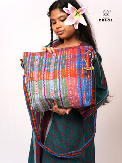 Hand-Embroidered Cotton Gamcha Sling Bag | Adjustable Crossbody Bag with Kantha, Feather & Lezy Stitch   | Rangila Dhaga  SL30