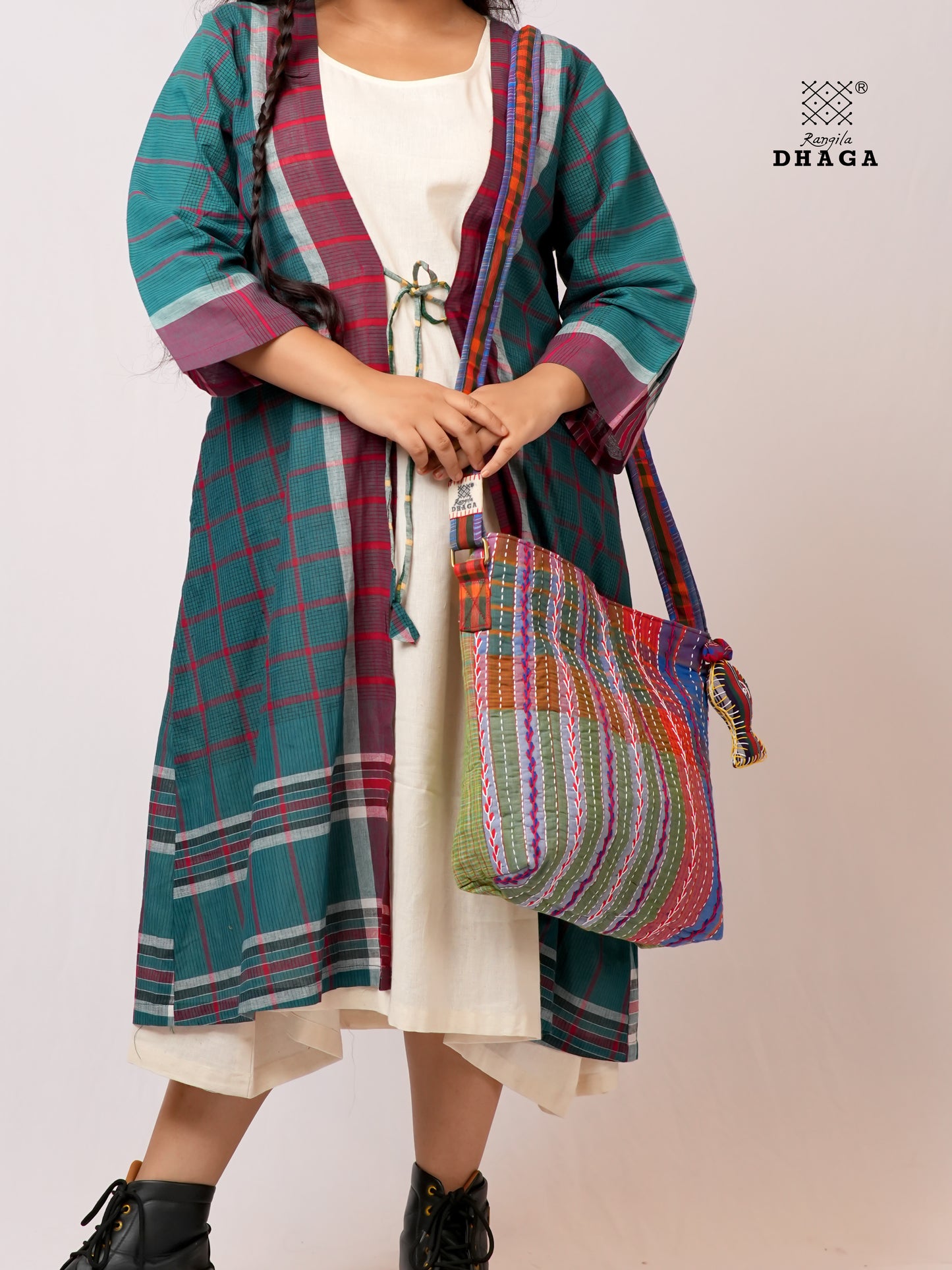 Hand-Embroidered Cotton Gamcha Sling Bag | Adjustable Crossbody Bag with Kantha, Feather & Lezy Stitch   | Rangila Dhaga  SL30