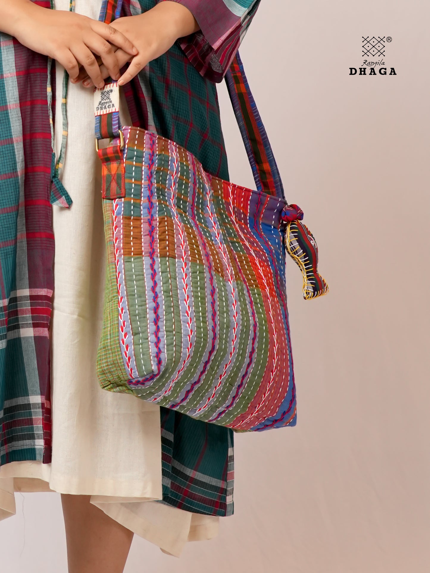 Hand-Embroidered Cotton Gamcha Sling Bag | Adjustable Crossbody Bag with Kantha, Feather & Lezy Stitch   | Rangila Dhaga  SL30