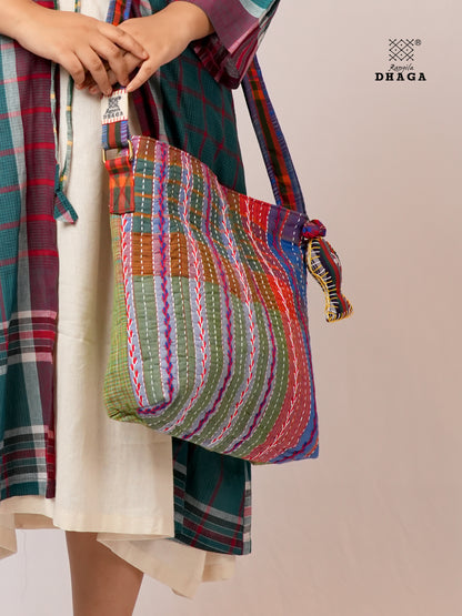 Hand-Embroidered Cotton Gamcha Sling Bag | Adjustable Crossbody Bag with Kantha, Feather & Lezy Stitch   | Rangila Dhaga  SL30