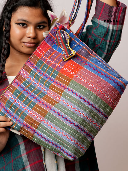 Hand-Embroidered Cotton Gamcha Sling Bag | Adjustable Crossbody Bag with Kantha, Feather & Lezy Stitch   | Rangila Dhaga  SL30