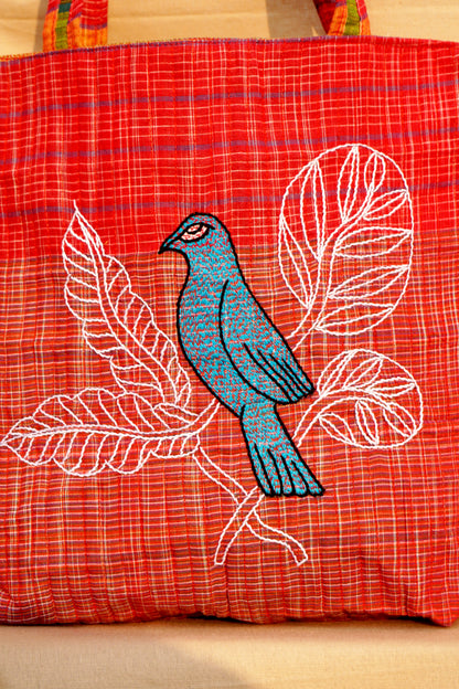 Red Handwoven Gamcha Tote Bag with Bird Embroidery Handmade Cotton Shoulder Bag – Rangila Dhaga   Bag28