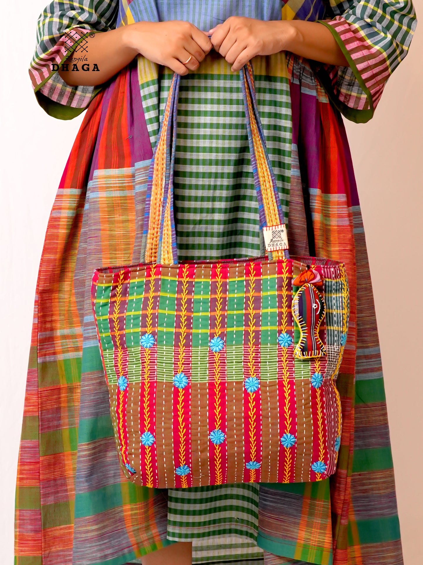 Hand-Embroidered Cotton Gamcha Tote Bag | Artisan Shoulder Bag with Zip Closure & Multi-Pocket Design 104