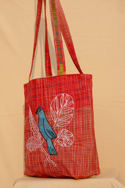 Red Handwoven Gamcha Tote Bag with Bird Embroidery Handmade Cotton Shoulder Bag – Rangila Dhaga   Bag28