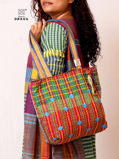 Hand-Embroidered Cotton Gamcha Tote Bag | Artisan Shoulder Bag with Zip Closure & Multi-Pocket Design 104