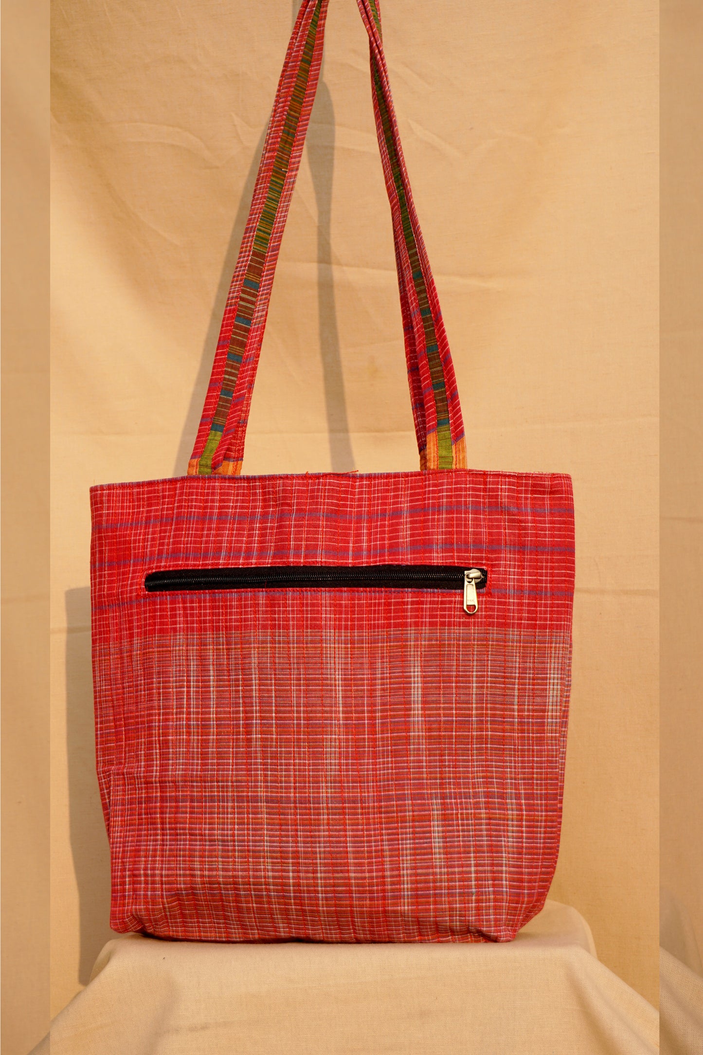 Red Handwoven Gamcha Tote Bag with Bird Embroidery Handmade Cotton Shoulder Bag – Rangila Dhaga   Bag28