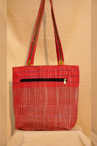 Red Handwoven Gamcha Tote Bag with Bird Embroidery Handmade Cotton Shoulder Bag – Rangila Dhaga   Bag28