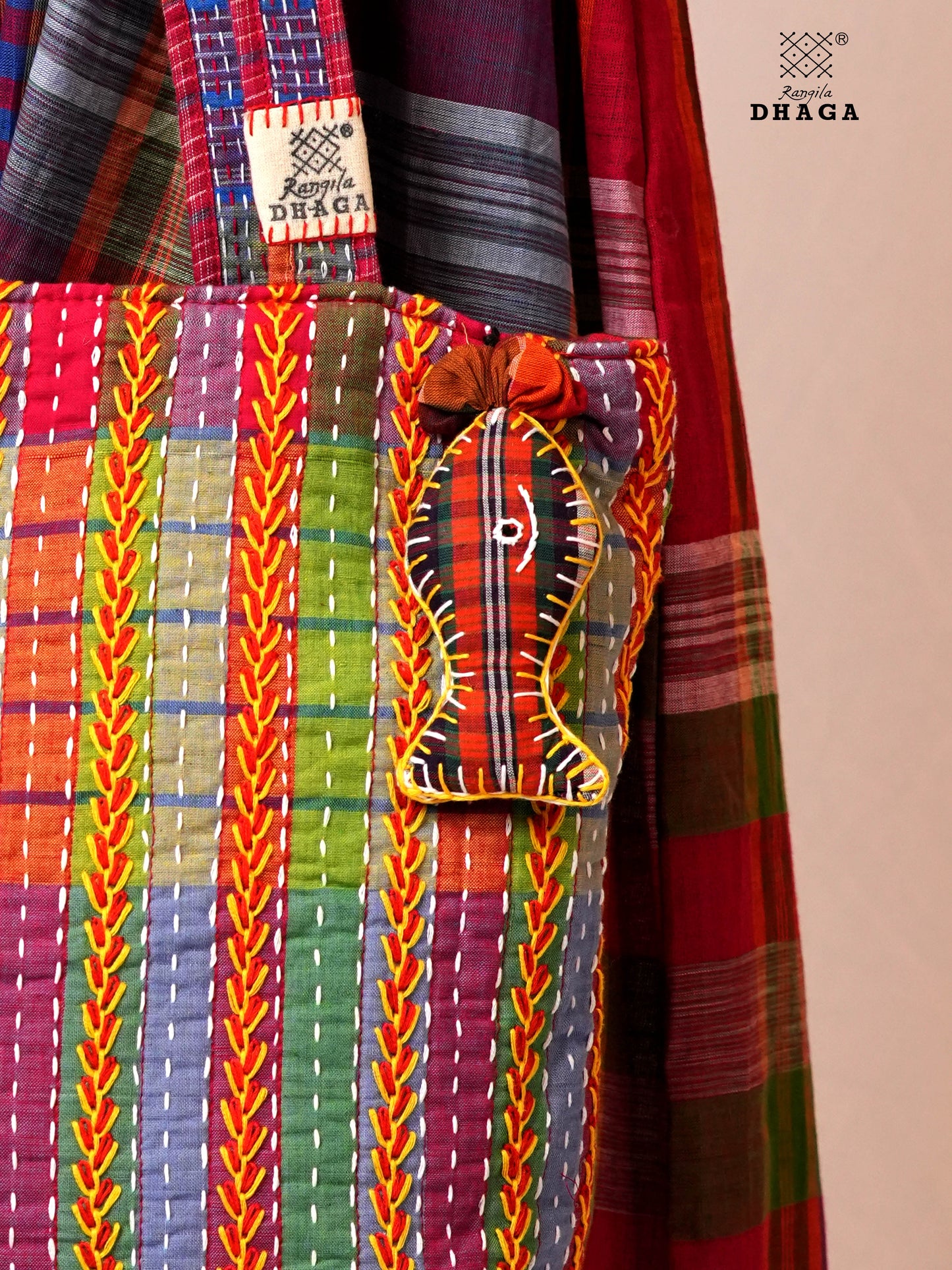 Hand-Embroidered Cotton Gamcha Tote Bag | Multicolor Artisan Shoulder Tote with Zip Closure & Multiple Pockets  105