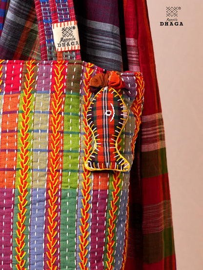 Hand-Embroidered Cotton Gamcha Tote Bag | Multicolor Artisan Shoulder Tote with Zip Closure & Multiple Pockets  105