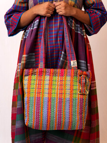 Hand-Embroidered Cotton Gamcha Tote Bag | Multicolor Artisan Shoulder Tote with Zip Closure & Multiple Pockets  105