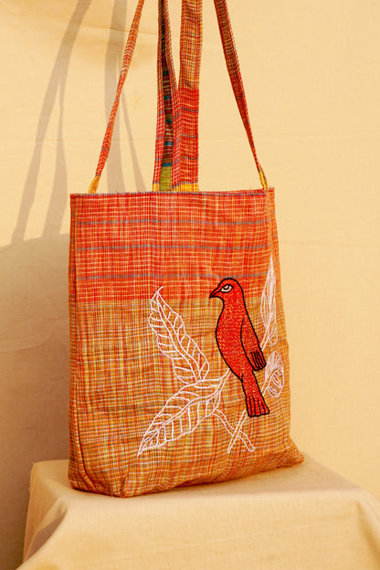 Yellow Handwoven Gamcha Tote Bag with Bird Embroidery Handmade Cotton Shoulder Bag – Rangila Dhaga   Bag29