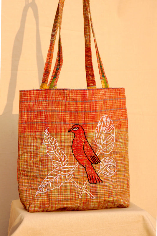 Yellow Handwoven Gamcha Tote Bag with Bird Embroidery Handmade Cotton Shoulder Bag – Rangila Dhaga   Bag29