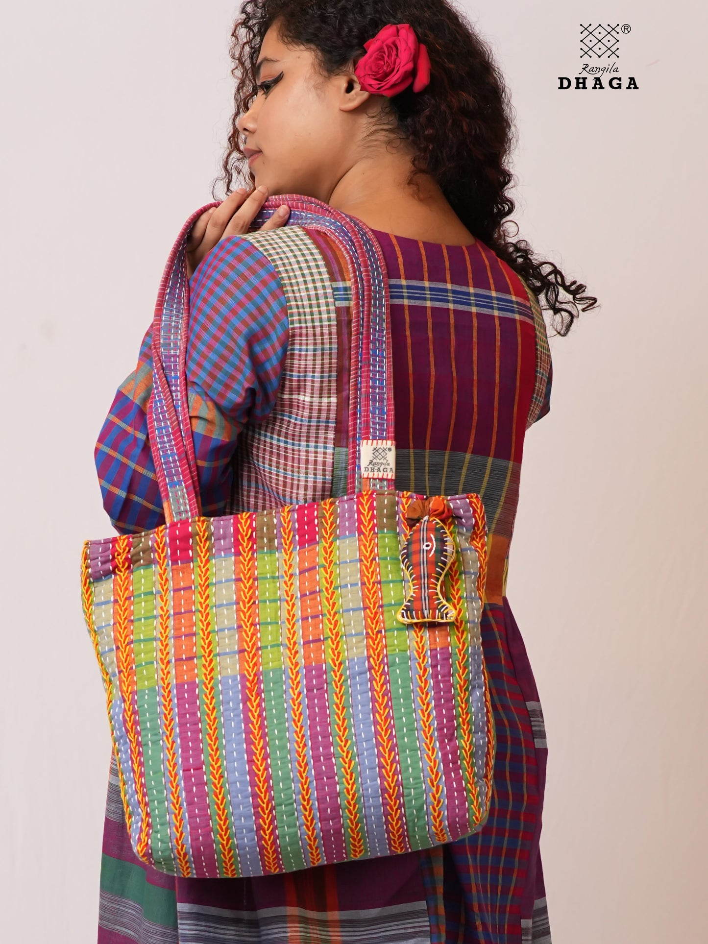 Hand-Embroidered Cotton Gamcha Tote Bag | Multicolor Artisan Shoulder Tote with Zip Closure & Multiple Pockets  105
