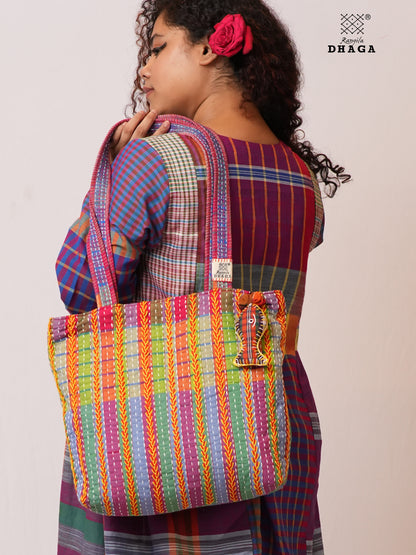 Hand-Embroidered Cotton Gamcha Tote Bag | Multicolor Artisan Shoulder Tote with Zip Closure & Multiple Pockets  105