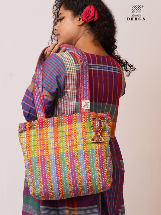 Hand-Embroidered Cotton Gamcha Tote Bag | Multicolor Artisan Shoulder Tote with Zip Closure & Multiple Pockets  105