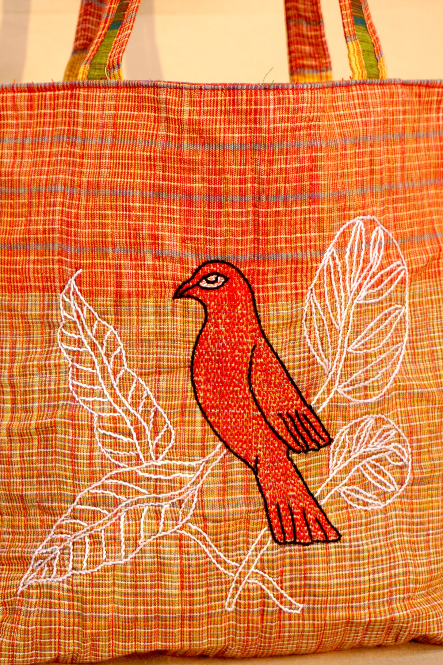 Yellow Handwoven Gamcha Tote Bag with Bird Embroidery Handmade Cotton Shoulder Bag – Rangila Dhaga   Bag29