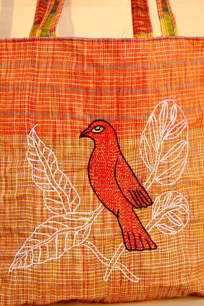 Yellow Handwoven Gamcha Tote Bag with Bird Embroidery Handmade Cotton Shoulder Bag – Rangila Dhaga   Bag29