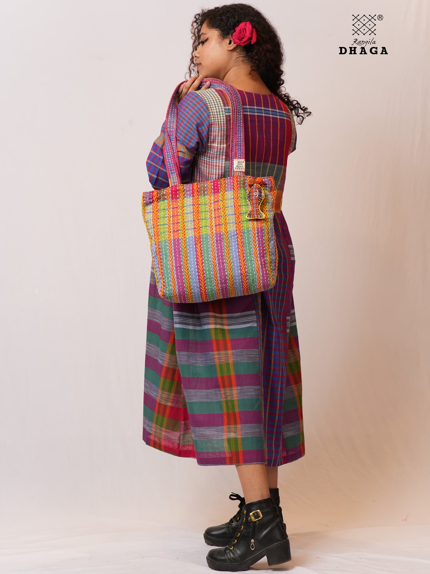 Hand-Embroidered Cotton Gamcha Tote Bag | Multicolor Artisan Shoulder Tote with Zip Closure & Multiple Pockets  105