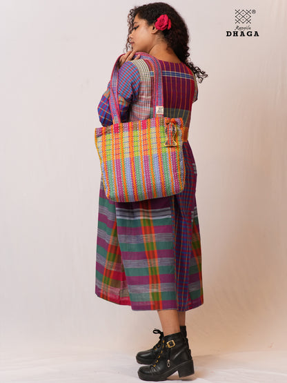 Hand-Embroidered Cotton Gamcha Tote Bag | Multicolor Artisan Shoulder Tote with Zip Closure & Multiple Pockets  105