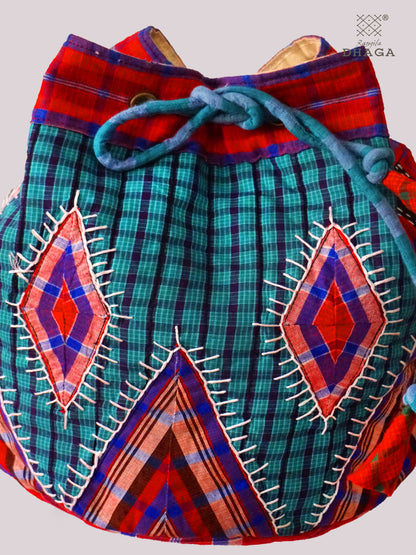 Gamcha Patchwork Embroidered Sling Bag – Drawstring Bucket Style with Handcrafted Strap SL12