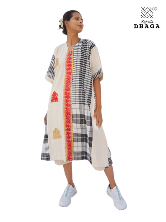 Kurta Dress for Women Free Size Gamcha Fashion Handloom Cotton Fabric White and Black, Red Check D41