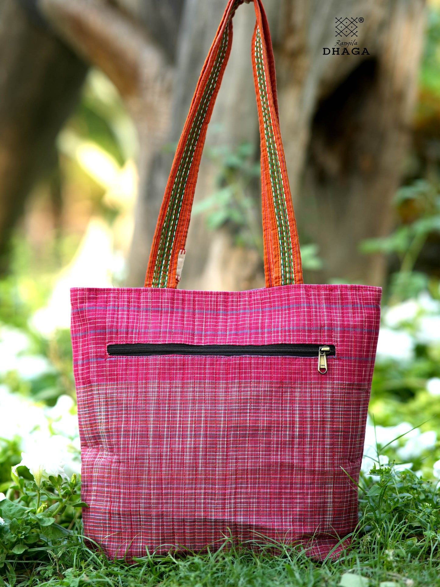 Red Hand Embroidered Gamcha Pakhi Tote Bag with Hand Embroidered Handle  Bag110
