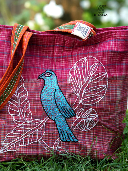 Red Hand Embroidered Gamcha Pakhi Tote Bag with Hand Embroidered Handle  Bag110