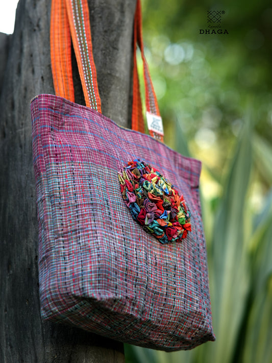 Handmade Gamcha Tote Bag with Floral Appliqué | Sustainable Cotton Handloom Bag TB112