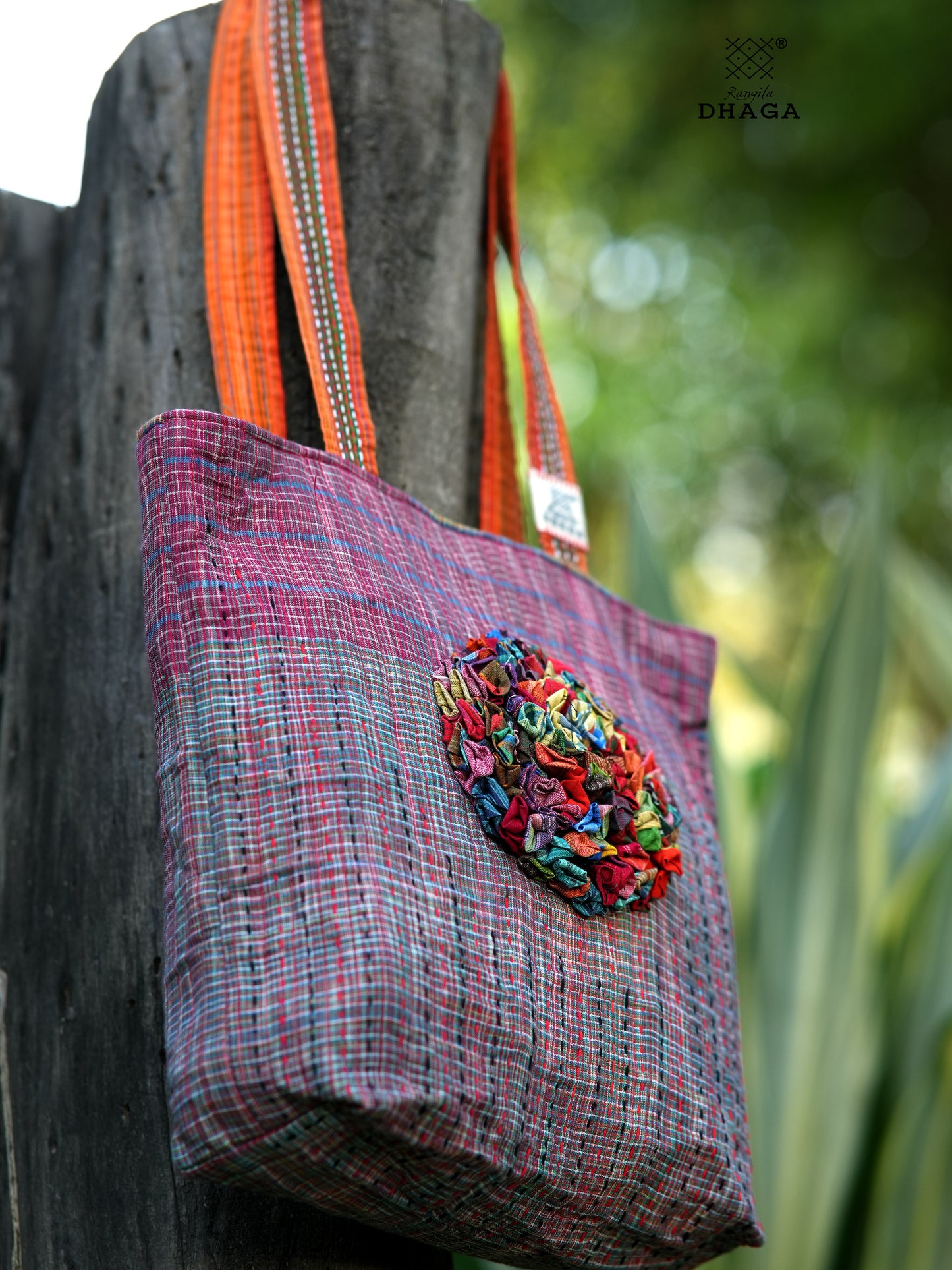 Handmade Gamcha Tote Bag with Floral Appliqué | Sustainable Cotton Handloom Bag TB112