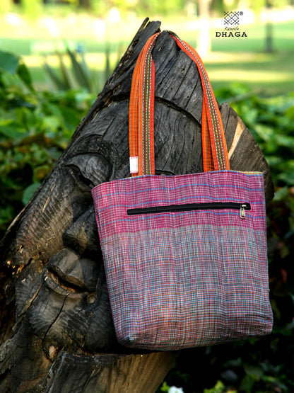 Handmade Gamcha Tote Bag with Floral Appliqué | Sustainable Cotton Handloom Bag TB112