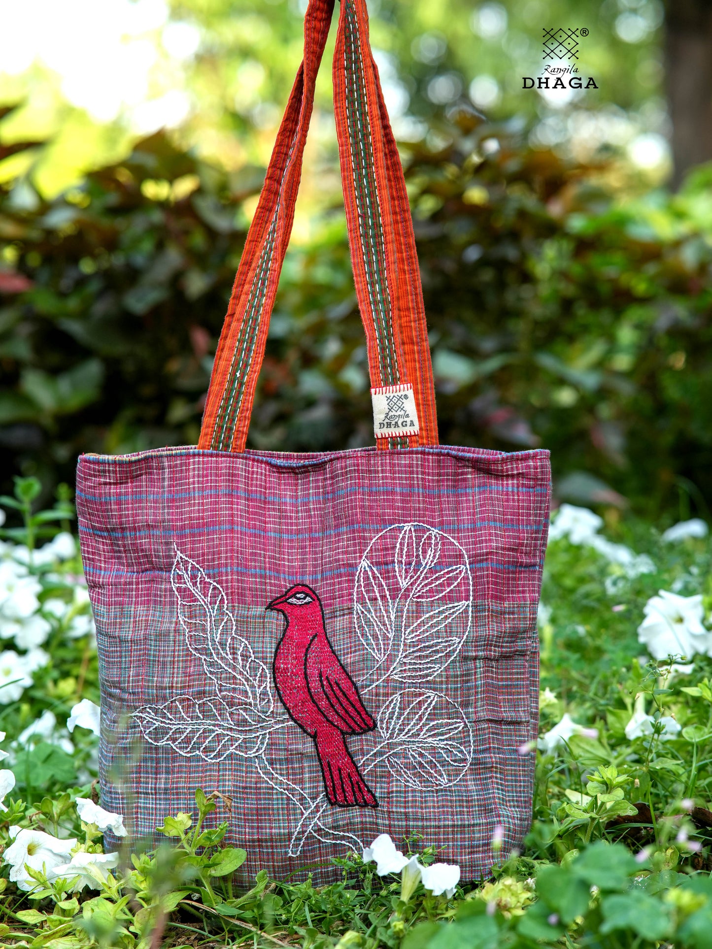 Red Hand Embroidered Gamcha Pakhi Tote Bag with Hand Embroidered Handle  Bag111