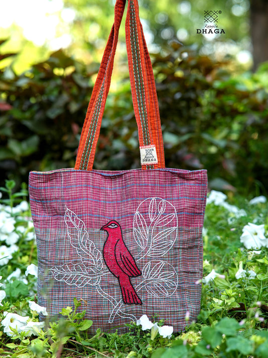 Red Hand Embroidered Gamcha Pakhi Tote Bag with Hand Embroidered Handle  Bag111