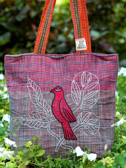 Red Hand Embroidered Gamcha Pakhi Tote Bag with Hand Embroidered Handle  Bag111