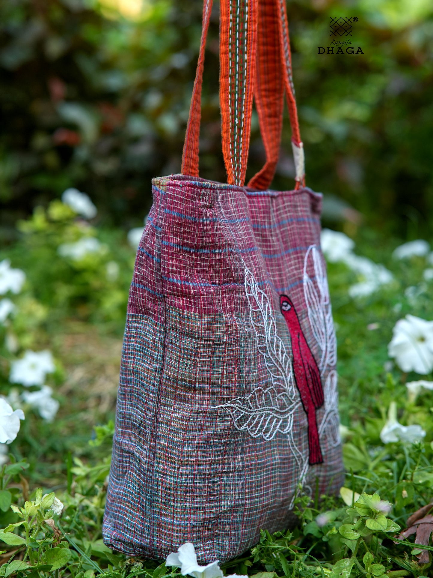 Red Hand Embroidered Gamcha Pakhi Tote Bag with Hand Embroidered Handle  Bag111