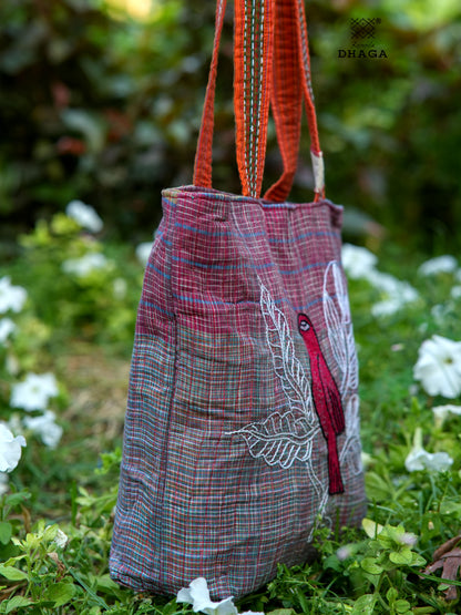 Red Hand Embroidered Gamcha Pakhi Tote Bag with Hand Embroidered Handle  Bag111