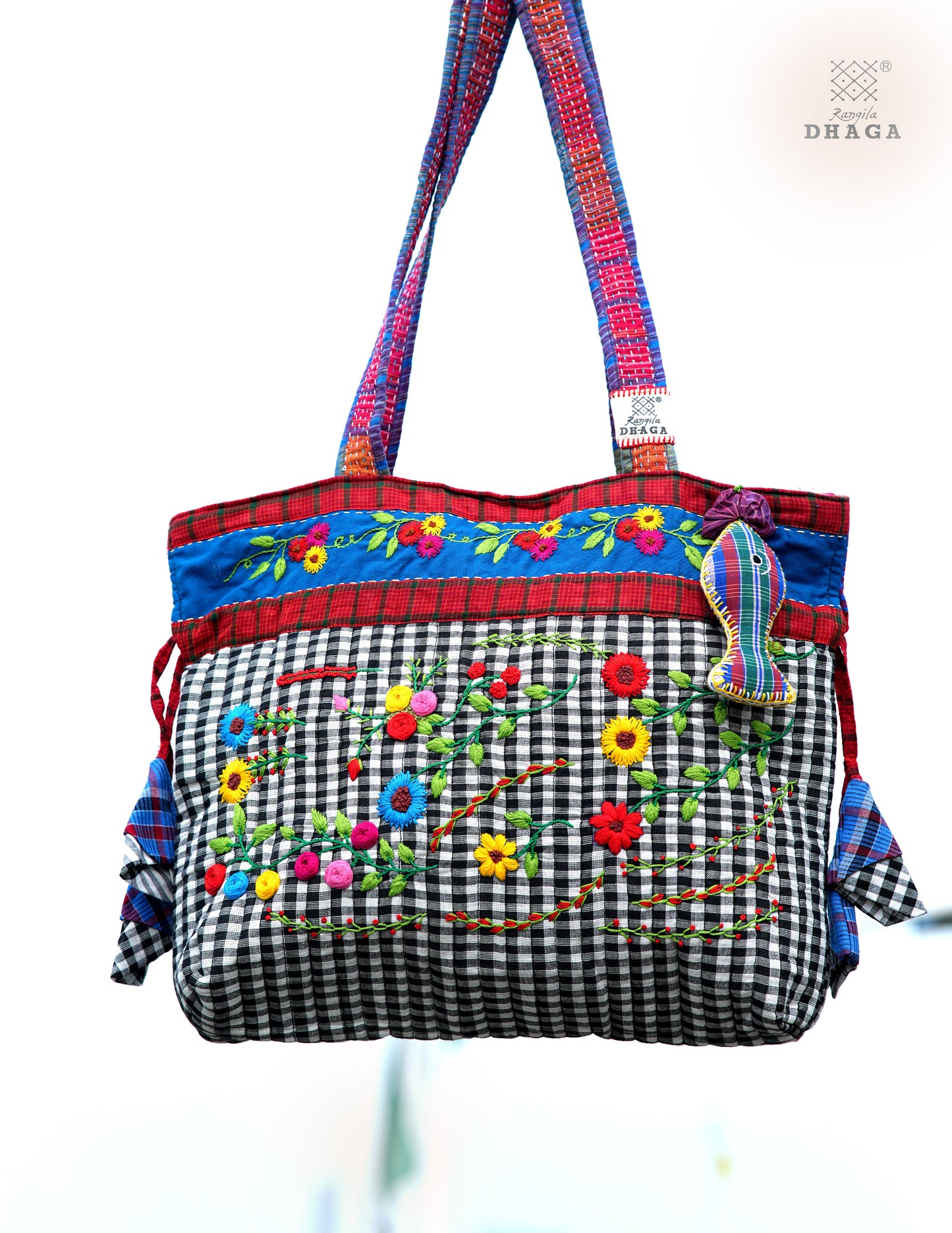 Hand-Embroidered Cotton Gamcha Tote Potli Bag | Multicolor Artisan Shoulder Tote with Zip Closure & Multiple Pockets  111