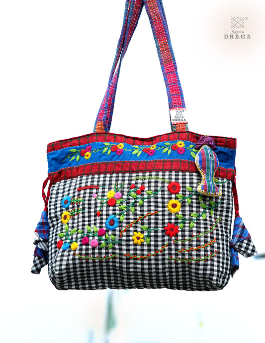 Hand-Embroidered Cotton Gamcha Tote Potli Bag | Multicolor Artisan Shoulder Tote with Zip Closure & Multiple Pockets  111