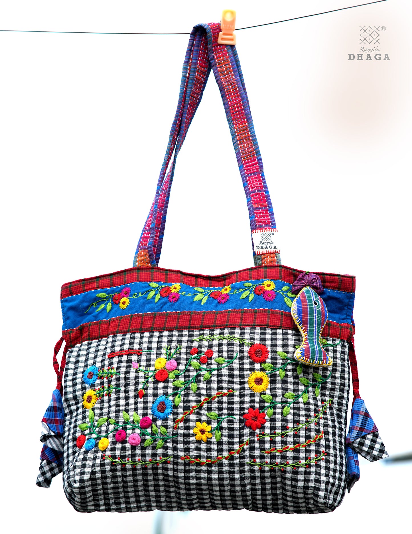 Hand-Embroidered Cotton Gamcha Tote Potli Bag | Multicolor Artisan Shoulder Tote with Zip Closure & Multiple Pockets  111