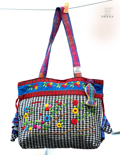 Hand-Embroidered Cotton Gamcha Tote Potli Bag | Multicolor Artisan Shoulder Tote with Zip Closure & Multiple Pockets  111