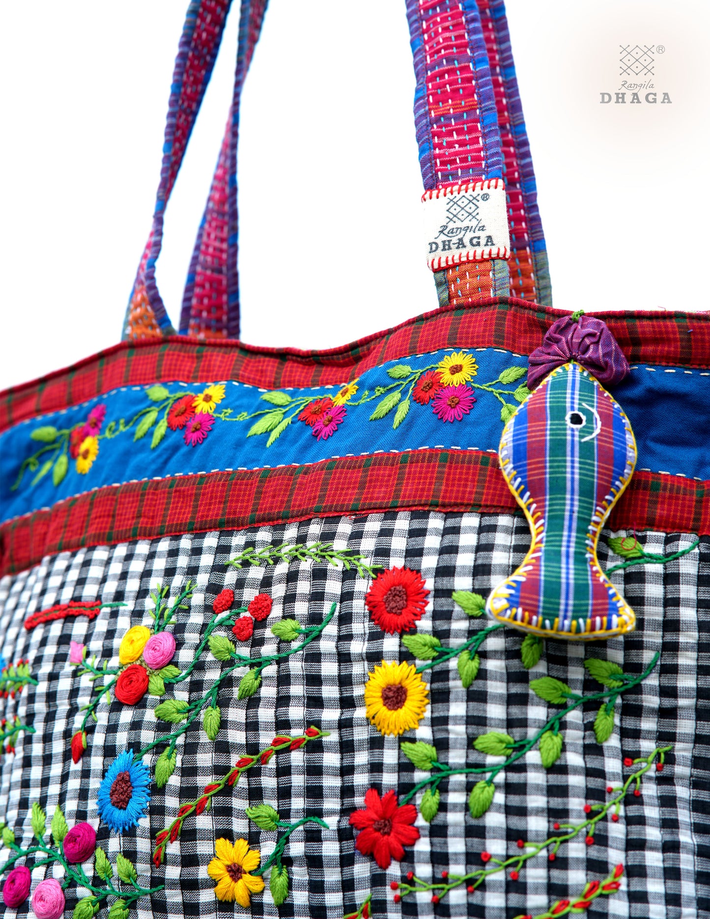 Hand-Embroidered Cotton Gamcha Tote Potli Bag | Multicolor Artisan Shoulder Tote with Zip Closure & Multiple Pockets  111