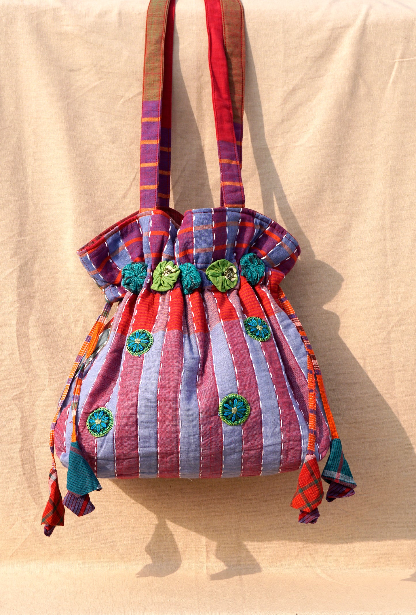 Blue Handwoven Gamcha potli Tote Bag with Embroidery Handmade Cotton Shoulder Bag – Rangila Dhaga   Bag27