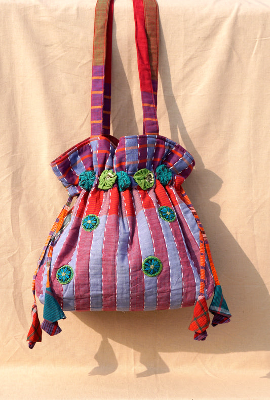 Blue Handwoven Gamcha potli Tote Bag with Embroidery Handmade Cotton Shoulder Bag – Rangila Dhaga   Bag27